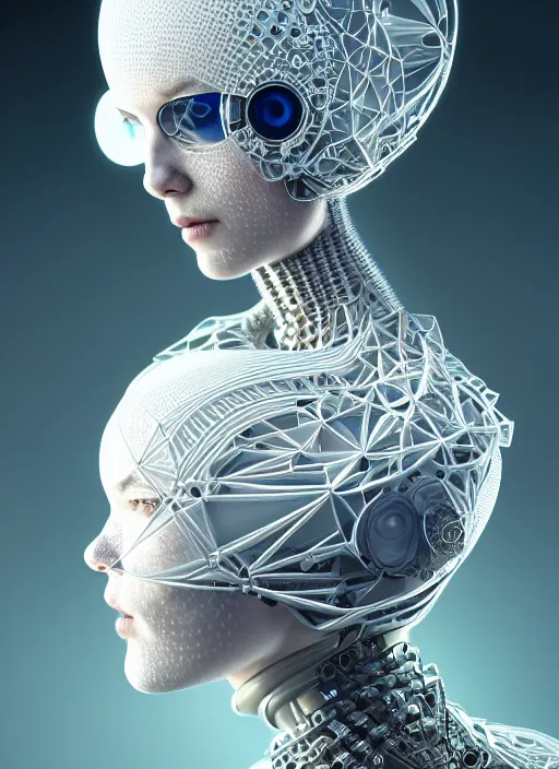 Prompt: portrait of an absurdly beautiful, graceful, sophisticated, fashionable cyberpunk mechanoid, hyperdetailed illustration by irakli nadar and alexandre ferra, intricate linework, white porcelain skin, faberge, fractal headdress, unreal engine 5 highly rendered, global illumination, radiant light, detailed and intricate environment