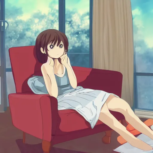 Prompt: cute art of shy beautiful anime girl watching tv inside a bedroom