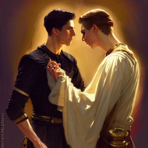 Image similar to attractive fully clothed king confesses his love for his attractive fully clothed male prince. highly detailed painting by j. c. leyendecker, craig mullins, tom bagshaw,