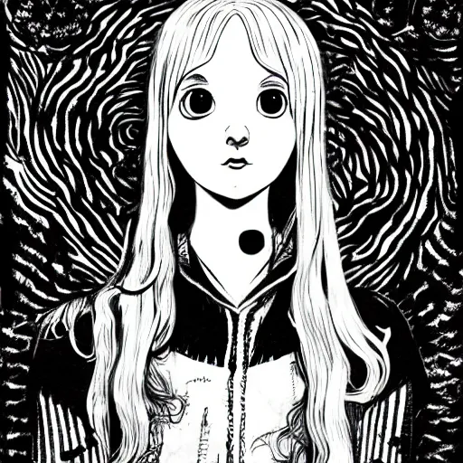 Image similar to Luna Lovegood in the style of Junji Ito. Manga. Black and white. Gothic. Horror. Exquisitely detailed. 4K.