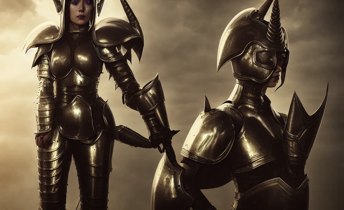 Image similar to epic portrait of female alien unicorn in plate armour by cleavanger and elvgren epic awesome symmetrical octane vfx maya render realistic