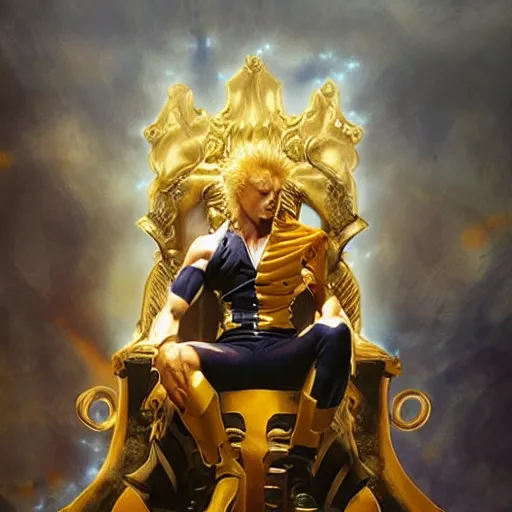 Image similar to dio from jojo's bizarre adventure sitting on a throne, matte painting by greg rutkowski, dim lighting