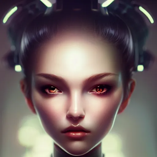 Image similar to portrait of beautiful girl with robot body by artgerm and fenghua zhong, close up, portrait, cinematic, elegant, artstation, intricate, highly detailed, digital painting, artstation, concept art, sharp focus, illustration, cyberpunk, cgsociety, 8 k