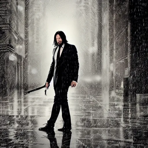 Prompt: john wick playing a guitar in the rain photorealistic realistic dramatic cinematic photography