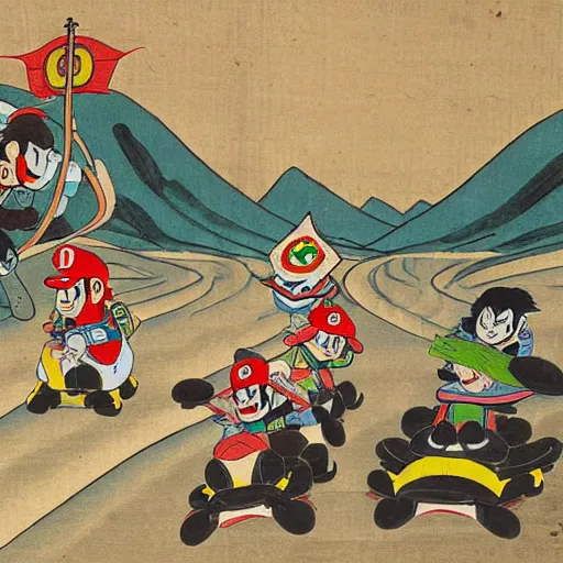 Image similar to ancient Japanese painting of mario kart characters racing, extremely detailed