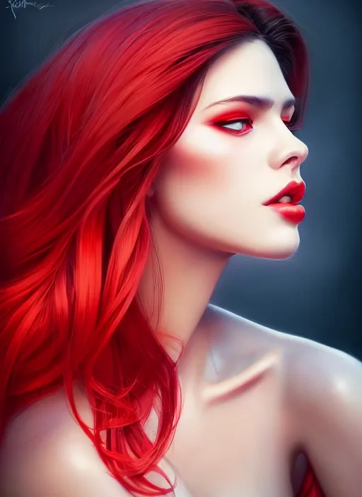 Image similar to photo of gorgeous woman with red and white ombre in the style of stefan kostic, realistic, half body shot, sharp focus, 8 k high definition, insanely detailed, intricate, elegant, art by stanley lau and artgerm, foggy backgeound