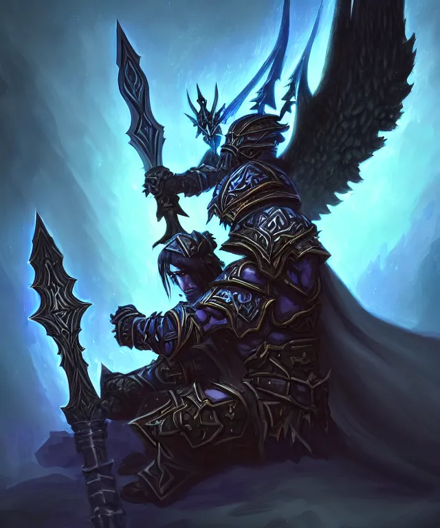 Prompt: dark world of warcraft blizzard art, portrait of fallen man angel kneeling with a sword and wings, bokeh. dark art masterpiece artstation. 8k, sharp high quality illustration in style of Jose Daniel Cabrera Pena and Leonid Kozienko, concept art by Tooth Wu
