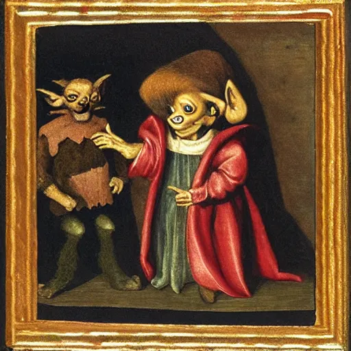 Prompt: little goblin puppet on stage, renaissance painting