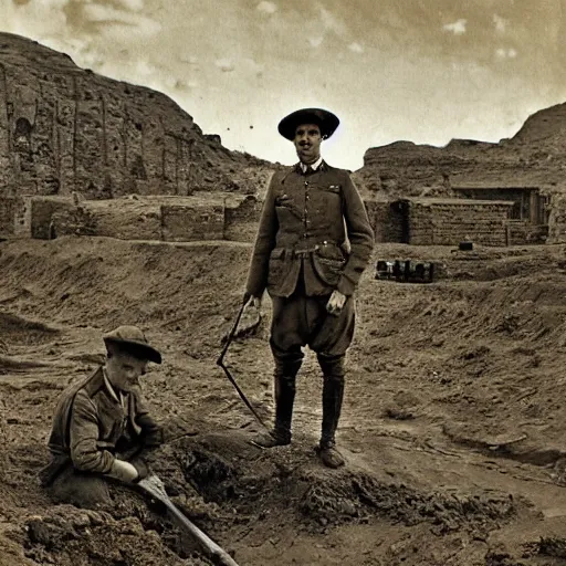 Image similar to ultra detailed photorealistic sepia - toned photograph from 1 9 1 7, a british officer in field gear standing at an archaeological dig site at petra, ultra realistic, painted, intricate details, lovecraft, atmospheric, dark, horror, brooding, highly detailed, by angus mcbride