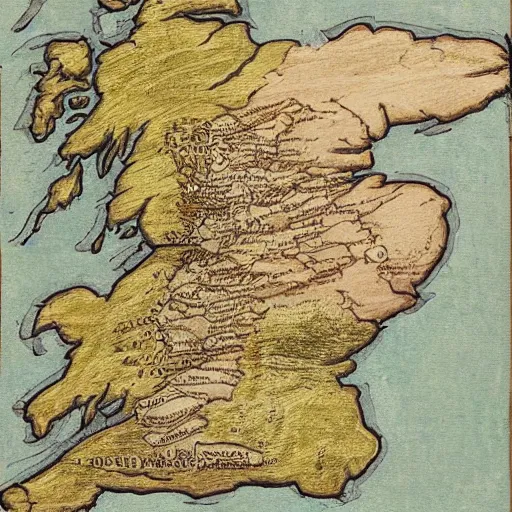 Prompt: map of the british isles in the style of a medieval painting, featured on artstation, high detail