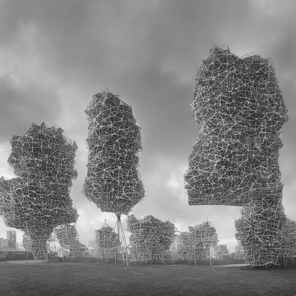 Prompt: two suspended towers made up of colourful makeshift squatter shacks, plain uniform sky at the back, misty, mamiya rb 6 7, ultra sharp, very detailed, photographed by zaha hadid