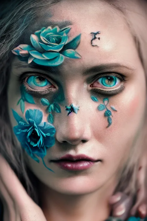 Image similar to hyperrealistic hyper detailed close-up portrait of woman covered in rococo flower tattoos matte painting concept art key sage very dramatic dark teal lighting low angle hd 8k sharp 35mm shallow depth of field