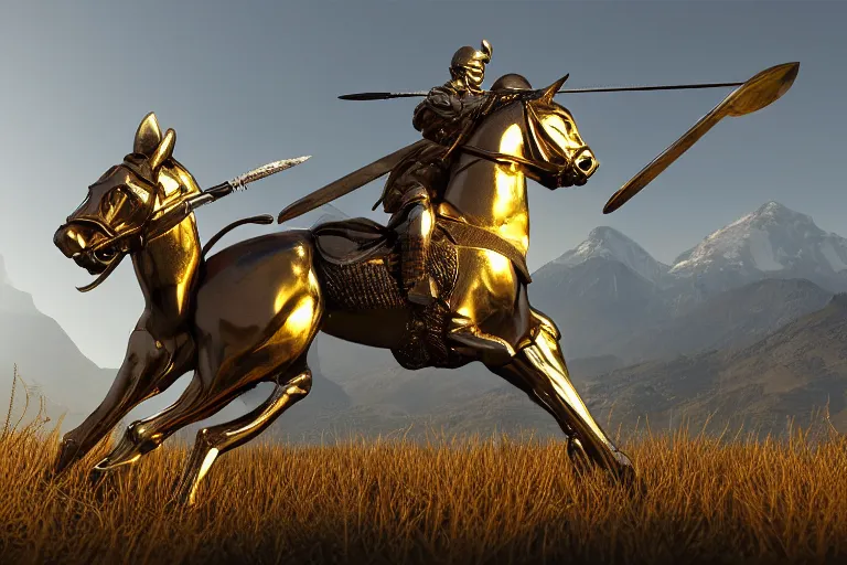 Prompt: warrior, chrome, reflect, ultra realistic!!!, clear weather, golden hour, sharp focus