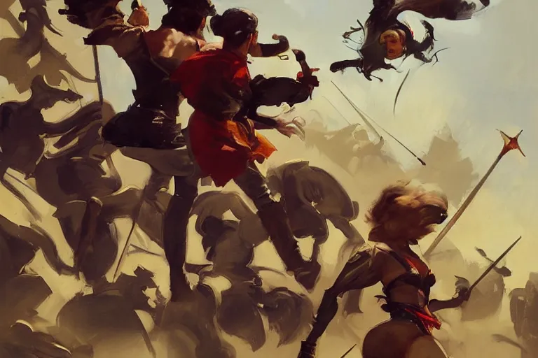 Prompt: greg manchess painting of people in an arena falling over swords, profile picture, organic painting, sunny day, matte painting, bold shapes, hard edges, street art, trending on artstation, by huang guangjian, gil elvgren, ruan jia, randy vargas, greg rutkowski