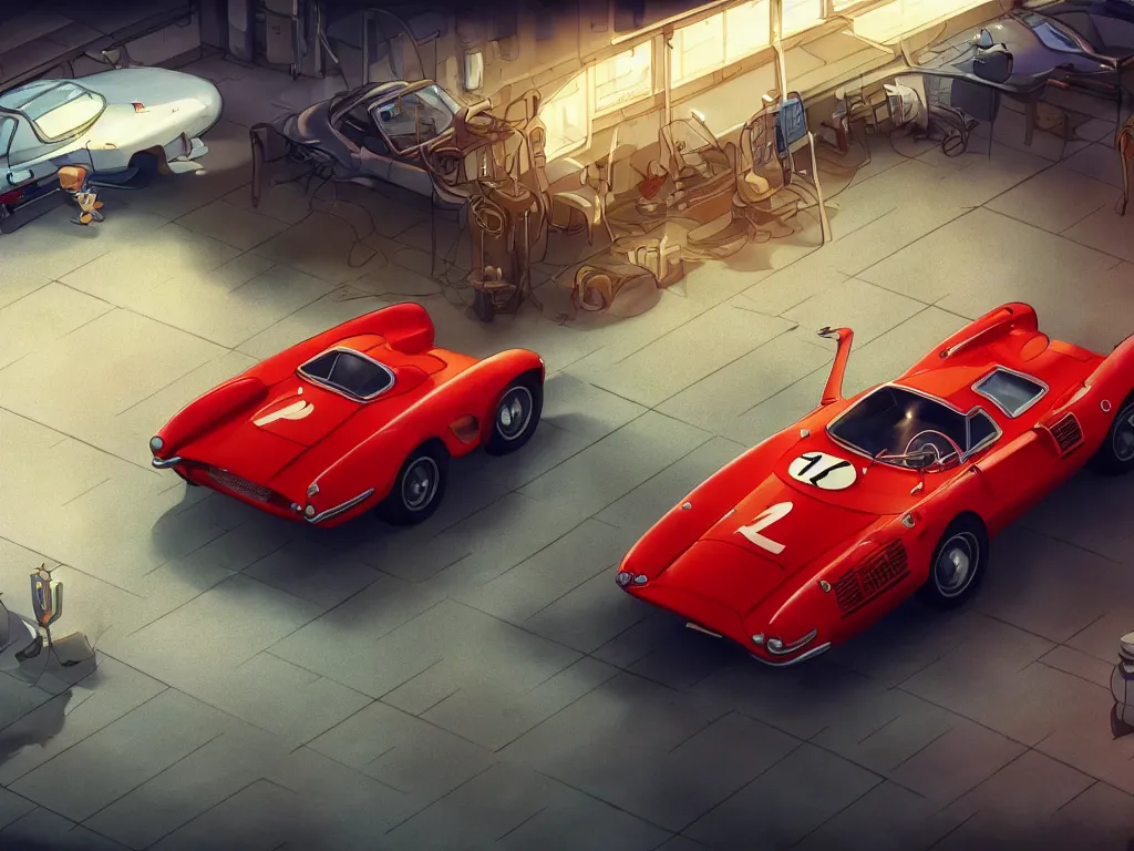 Image similar to a wholesome animation key shot of a focused old ferrari car in a car park, close shot, studio Ghibli, Pixar and Disney animation, sharp, very detailed, high resolution, Rendered in Unreal Engine 5, anime key art by Greg Rutkowski, Bloom, dramatic lighting