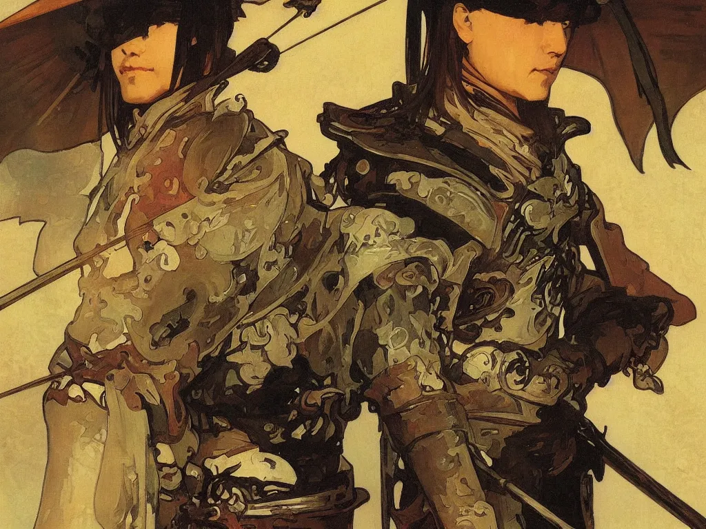 Image similar to close up of a samurai in full armor, by fiona staples, alphonse mucha, greg manchess