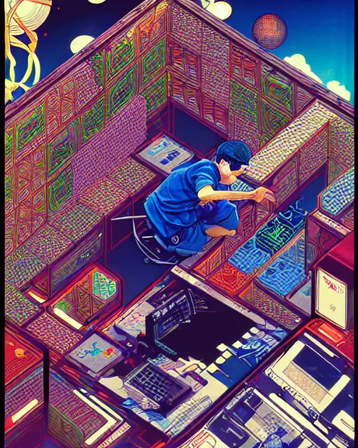 Prompt: hyper detailed illustration of a boy sitting in front of a computer and playing 3 d tetris, intricate linework, lighting poster by moebius, ayami kojima, 9 0's anime, retro fantasy