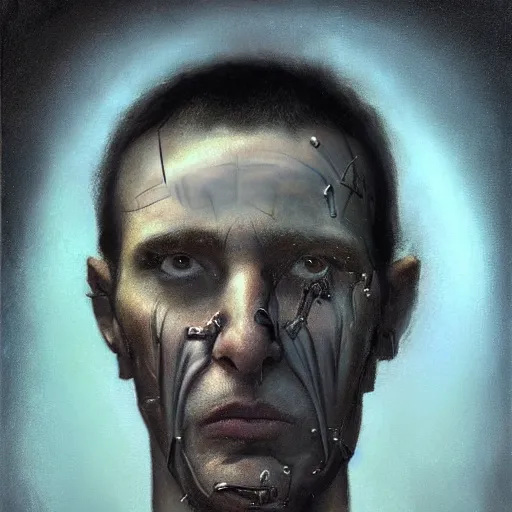 Image similar to surreal portrait of a man by Greg Rutkowski, symmetrical face, he is about 50 years old, short black hair with bangs, his features are a mix between French, Turkish and Russian, transformed into a kind of biomechanical transhuman god, blue glowing eyes, expression of epiphany and determination, cosmic void background, frightening, fascinating, highly detailed portrait, digital painting, book cover, artstation, concept art, smooth, sharp foccus ilustration, Artstation HQ