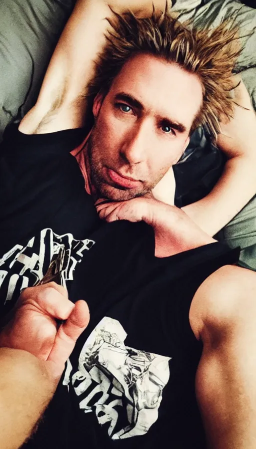 Image similar to chad kroeger snapchat selfie laying in bed with a black tanktop