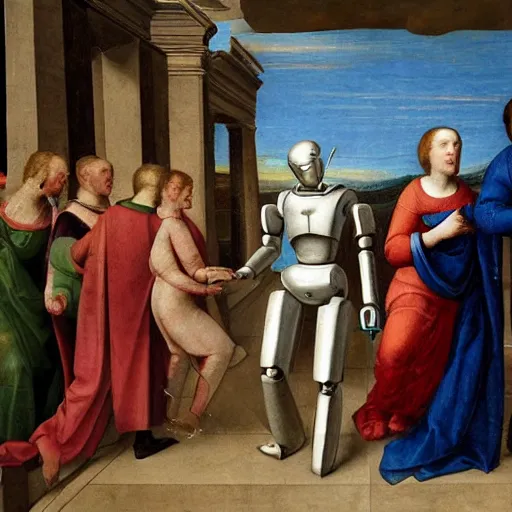 Image similar to a robot walking , Renaissance painting style