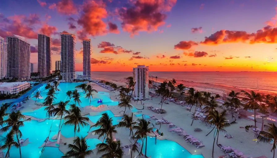 Image similar to miami hotels, unreal engine, digital art, drone photography, sunset, sharp focus, beach, vivid color, clear sky