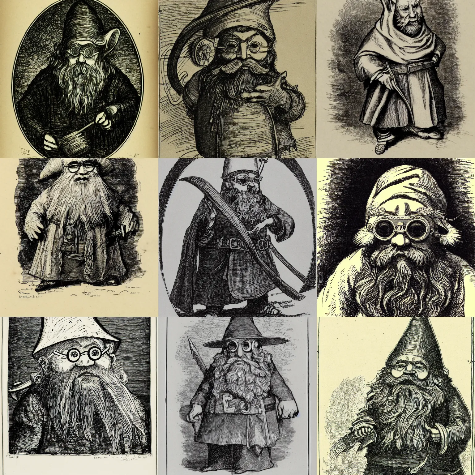 Prompt: sketch of a dnd gnome wizard wearing eye goggles, etching by louis le breton, 1 8 6 9, 1 2 0 0 dpi scan