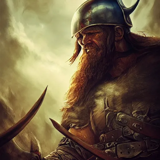 Image similar to viking, dramatic lighting, highly detailed, epic battle scene, red blood, wlop, artgerm