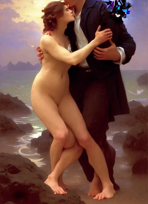 Image similar to kitsch mills and boon romance novel cover with cthulhu!! hugging eva mendes, they are in love, by william - adolphe bouguereau, john singer sargent, digital painting, artstation, concept art, smooth, sharp focus, warm lighting,