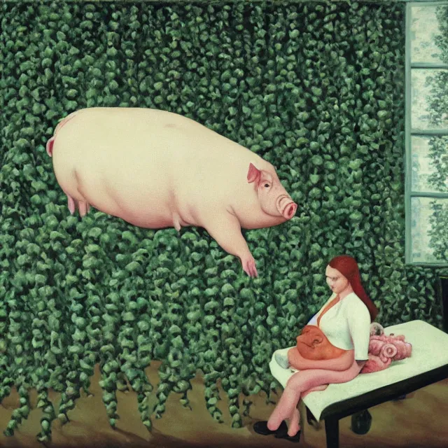 Image similar to a pathology student in her apartment, wrapped in vines, large stones, pig, black walls, black armchair, puddles, moss, acrylic on canvas, surrealist, by magritte and monet