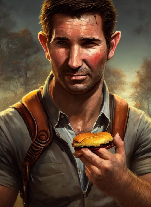 Image similar to Portrait of Nathan Drake with elven ears eating a cheeseburger, realistic, detailed, 4k by Greg Rutkowski Mark Arian trending on artstation