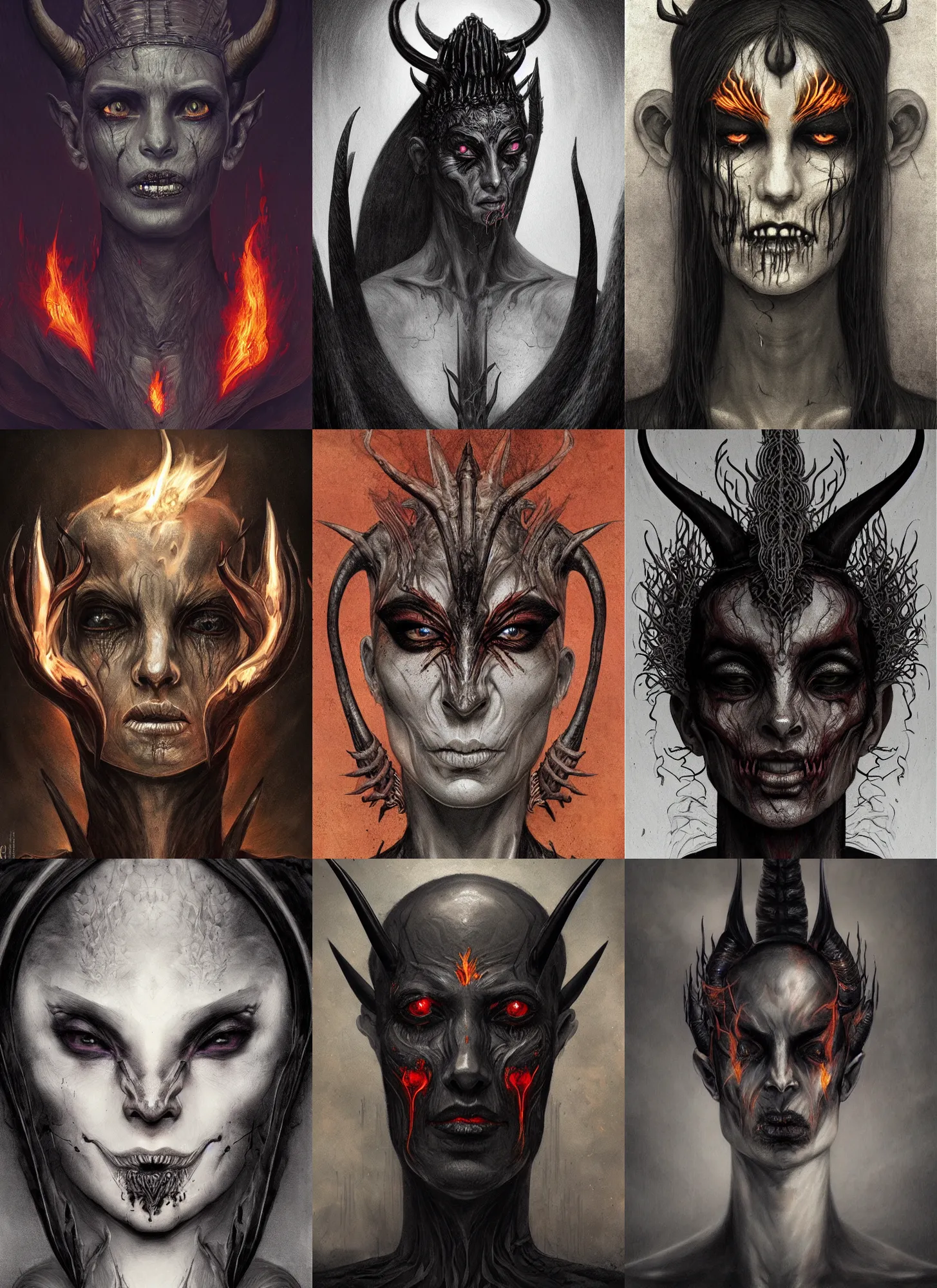 Prompt: black skinny corpse face with horns, portrait, flaming iris, hell, egyptian clothes, intricate, moody, dark, highly detailed, artstation, concept art, sharp focus, illustration, morhbacher, barlowe, beksinski