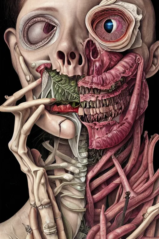 Image similar to Detailed maximalist portrait with large lips and eyes, scared expression, botanical anatomy, skeletal with extra flesh, HD mixed media, 3D collage, highly detailed and intricate, surreal illustration in the style of Jenny Saville, dark art, baroque, centred in image