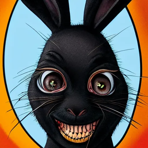 Image similar to A extremely highly detailed majestic hi-res beautiful, highly detailed head and shoulders portrait of a scary terrifying, horrifying, creepy black cartoon rabbit with scary big eyes, earing a shirt laughing, hey buddy ole pal, let's be friends, in the style of Walt Disney