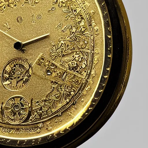 Image similar to a gold coin with a clock face printed on it, complex, high detail, close up