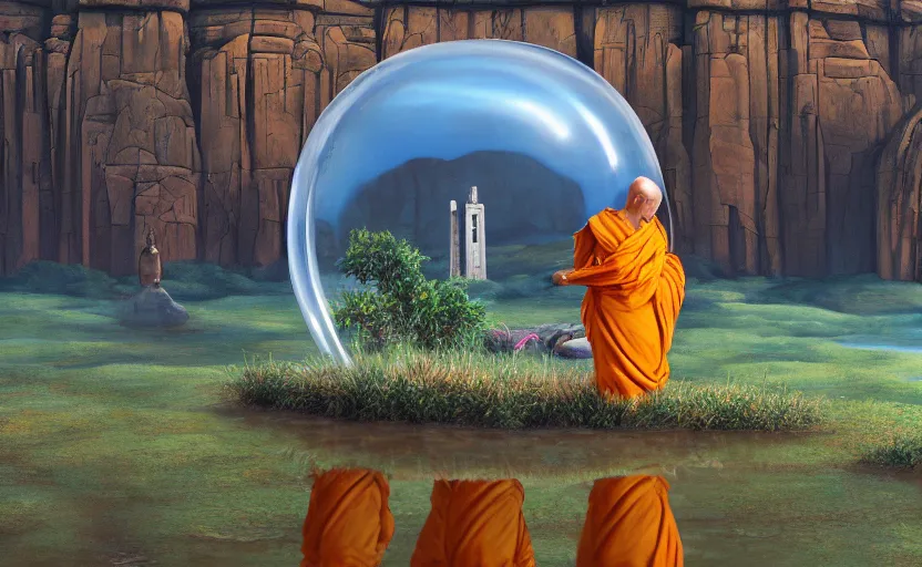 Image similar to a scary hyperrealist painting of an indian monk in a giant transparent bubble from howl's moving castle ( 2 0 0 4 ) in a flooded monument valley stonehenge jungle. depth perception, 4 k, artstation, in the style of studio ghibli