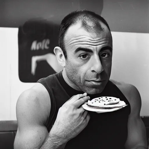 Image similar to joe rogan eating at a macdonalds restaurant, black and white photo by dianne arbus