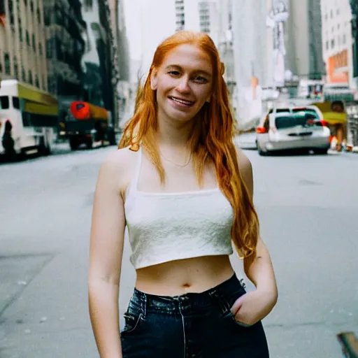 Image similar to Portrait photograph of a Strawberry-Blonde Girl, Young Beautiful Face, Green Eyes, Freckles, Wearing a white crop-top and jeans, with a subtle smile, Humans of New York Style, Leica Camera 50mm lens, street photography, aesthetic canon of proportions, grainy film photo