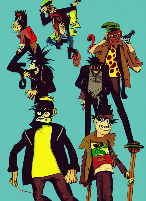 Image similar to gorillaz, official art by jamie hewlett, phase 2, demon days, desaturated colours