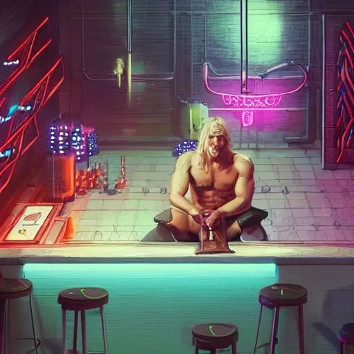 Prompt: shirtless blonde barbarian man sitting at a sci-fi neon city bar with a magic sword in his hand intricate artwork by Tooth Wu and wlop and beeple and Dan Mumford. Octane render, trending on artstation, greg rutkowski very coherent symmetrical artwork. Cinematic, hyper realism, high detail 8k