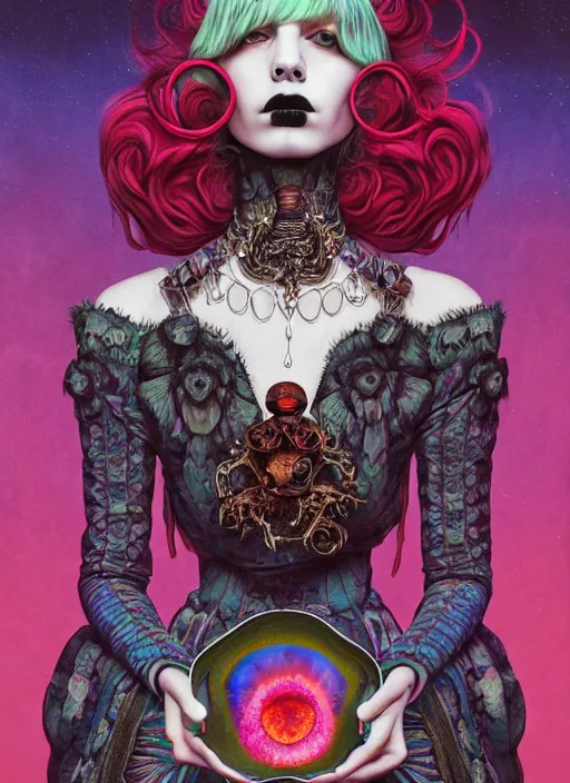 Image similar to pretty goth model with hallucination mushroom : : by martine johanna and simon stalenhag and chie yoshii and casey weldon and wlop : : ornate, dynamic, particulate, rich colors, intricate, elegant, highly detailed, vogue, harper's bazaar art, fashion magazine, smooth, sharp focus, 8 k, octane render,