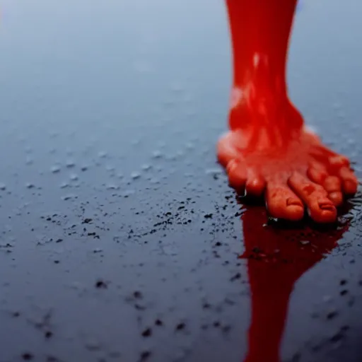 Image similar to filmic closeup dutch angle movie still 4k UHD 35mm film color photograph of a freshly amputated hand sitting on top of a puddle of blood