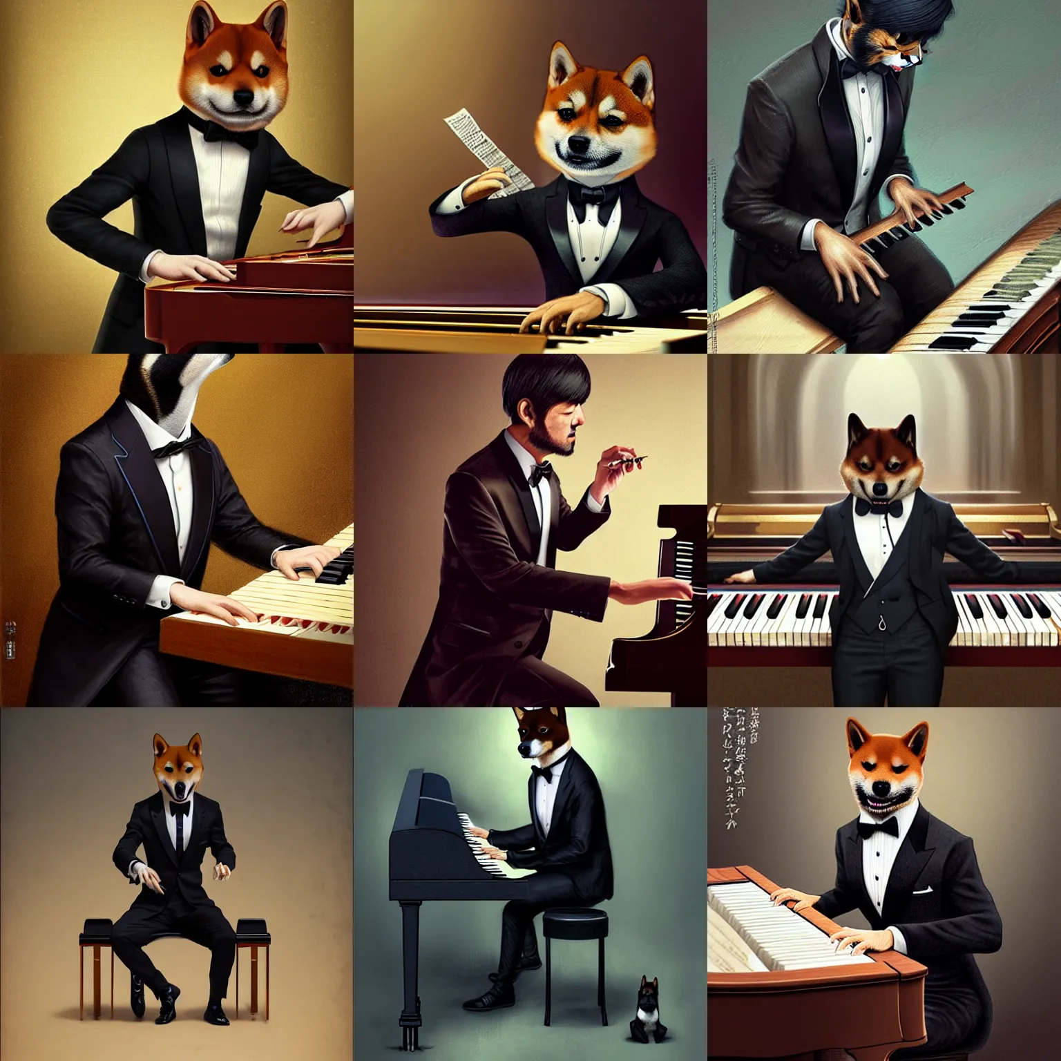 Image similar to a shiba inu man mutant playing a piano,wearing a tuxedo suit,digital art,ultra realistic,ultra detailed,art by greg rutkowski,hyperdetailed,detailed face,professional lighting,dramatic,3 point lighting