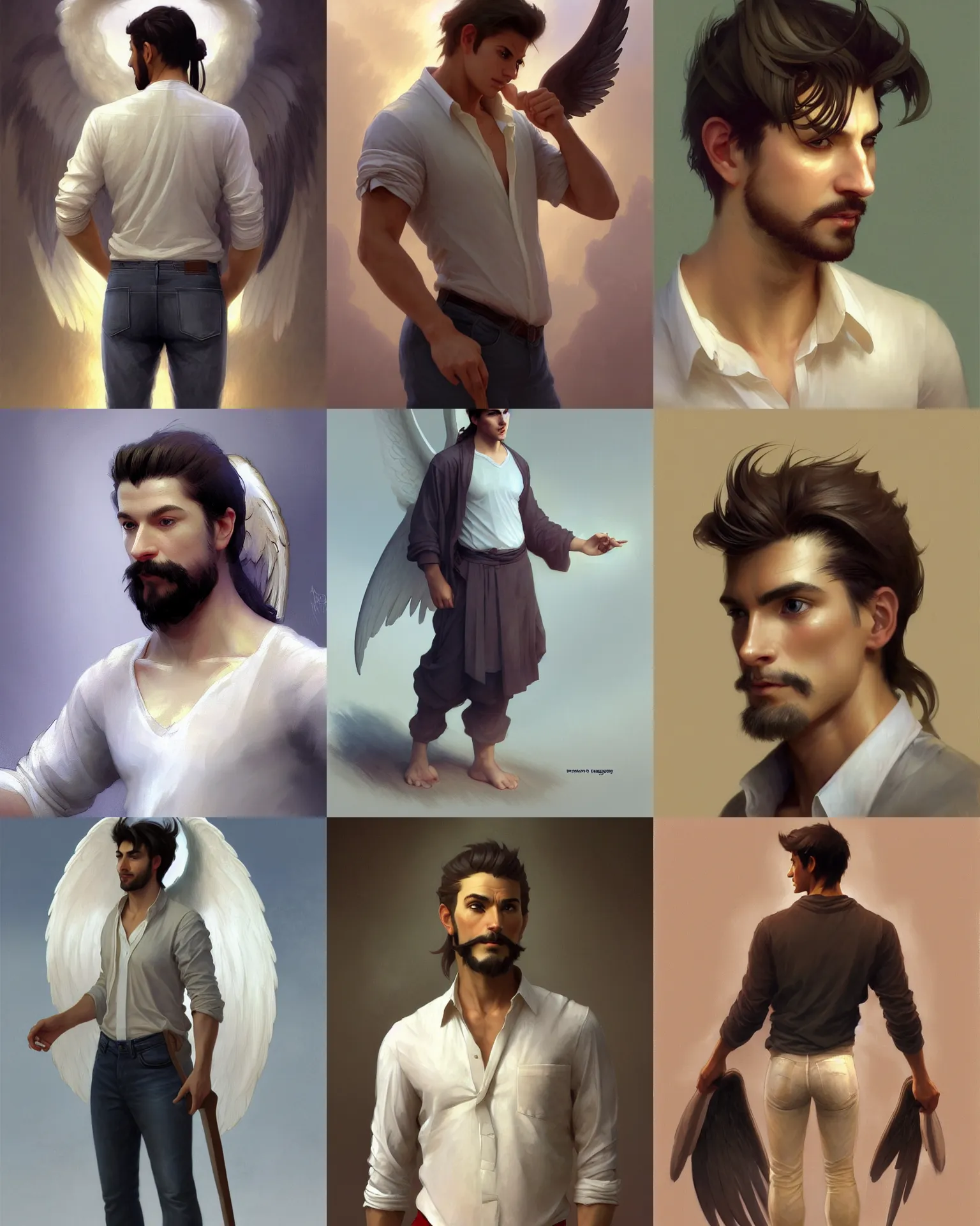 Prompt: character concept of a handsome male angel, Middle-Western ethnicity. Clean-shaven, hair in a ponytail. Shirt, jeans and barefoot. Distant full-body view. Digital painting, concept art, smooth, sharp focus, illustration, by Ruan Jia and Mandy Jurgens and Artgerm and William-Adolphe Bouguereau