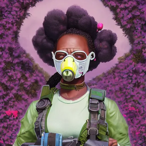 Prompt: a young black girl with afro puffs wearing a gas mask in a field of flowers, Apex Legends character, digital illustration portrait design, by android jones and greg rutkowski, retrowave color scheme, detailed, cinematic lighting, wide angle action dynamic portrait