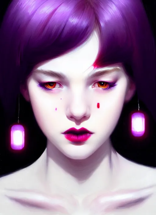 Image similar to portrait of pale teenage girl, red irises, black hair, white bangs, purple lipstick, intricate, elegant, glowing lights, highly detailed, digital painting, artstation, concept art, smooth, sharp focus, illustration, art by wlop, mars ravelo and greg rutkowski