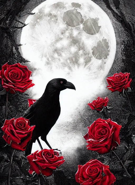 Image similar to portrait, A crow with red eyes in front of the full big moon, book cover, red roses, red white black colors, establishing shot, extremly high detail, foto realistic, cinematic lighting, pen and ink, intricate line drawings, by Yoshitaka Amano, Ruan Jia, Kentaro Miura, Artgerm, post processed, concept art, artstation, matte painting, style by eddie mendoza, raphael lacoste, alex ross