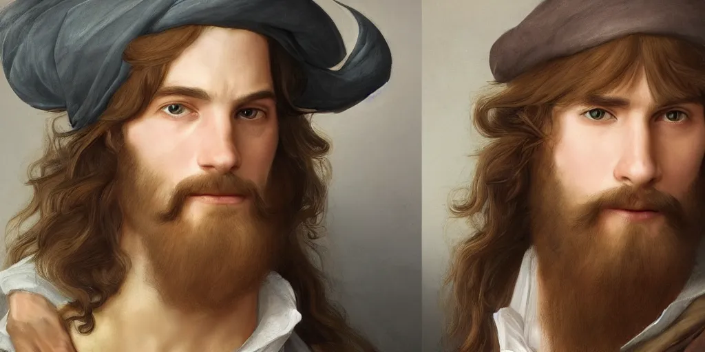 Image similar to an ultra detailed portrait of a handsome wizard with a goatee named james and a beautiful noblewoman with long brown hair named rachel, 8 k, baroque and luminist style, artstation, pixiv, by jacque - louis david