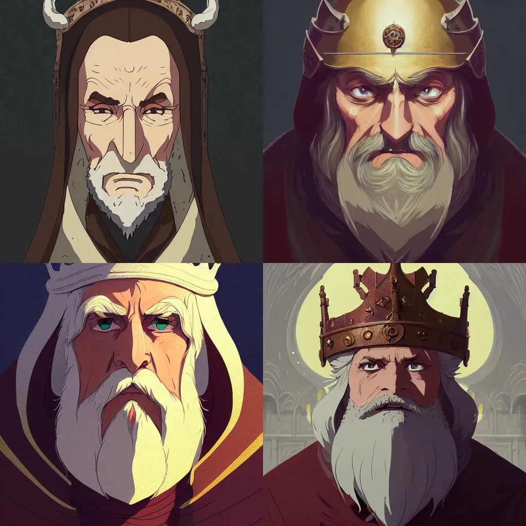 Prompt: portrait of medieval old king, artstation, cartoon, elegant highly detailed digital painting, concept art, smooth, sharp focus, illustration, art studio ghibli, makoto shinkai, don bluth, fujita goro, jean giraud, atey ghailan, akihiko yoshida, tom whalen, anton fadeev, 8 k