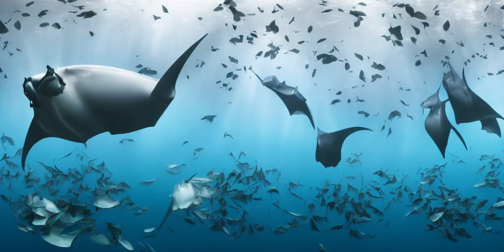 Prompt: hyperrealistic underwater photography, panoramic picture of an ocean floor with in the distance some manta rays. focus on the sharks. the manta rays are anatomically correct and highly detailed. the eyes are intricately detailed. there are lots of bubbles. seaweed and some rocks. gloomy scattered light entering from the water surface, trending on artstation, hq, 4 k