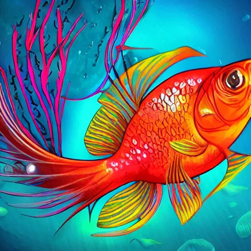 Image similar to coral underwater colorful, fantasy, intricate, highly detailed, little fish and sea life digital painting, hd, trending on artstation, illustration, fine lines, sharp edges, colourful, siamese fighting fish